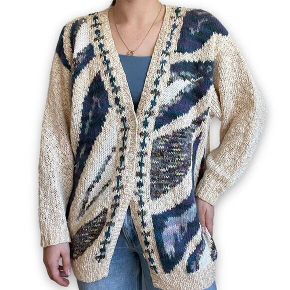 Vintage Womens 80s Hand Knit Geometric Hippie Grandmacore Cotton Cardigan Sz L - Picture 1 of 7